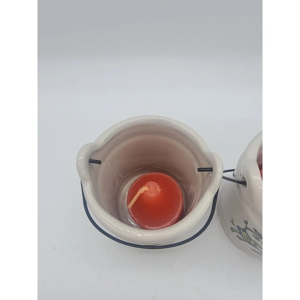 Set of 2 Ceramic Bird Votive Candle Holders with Wire Handles Hand Painted